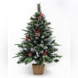 3ft Flocked Artificial Christmas Tree wPinecones, Berries & Burlap wrap for base